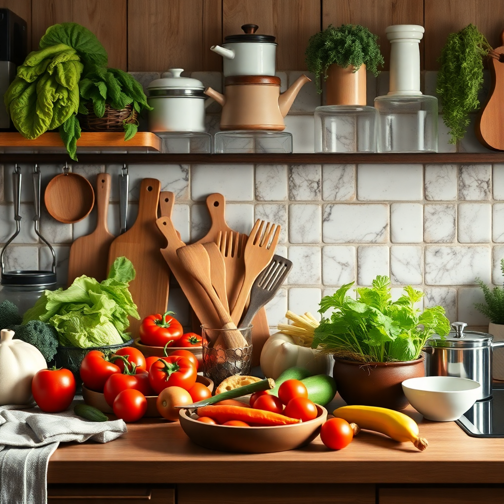 Taze sebzeler ve yemek yapma araçlarının olduğu bir mutfak