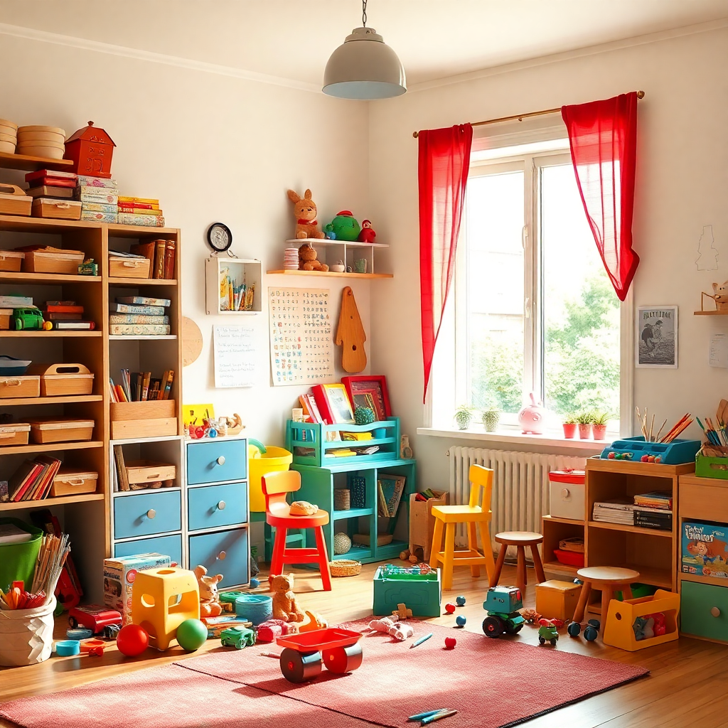 Renkli oyuncaklar ve sanat malzemeleriyle dolu bir oyun odası