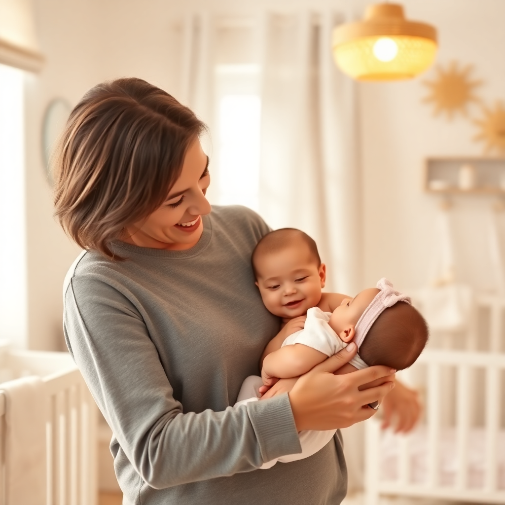 Anne ve bebeği gülerken, aydınlık bir bebek odasında