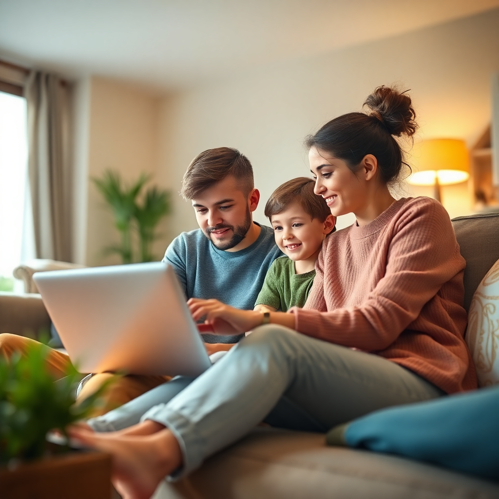 Aile üyeleri bir laptop ile oturma odasında güvenli internet kullanımı yapıyor.
