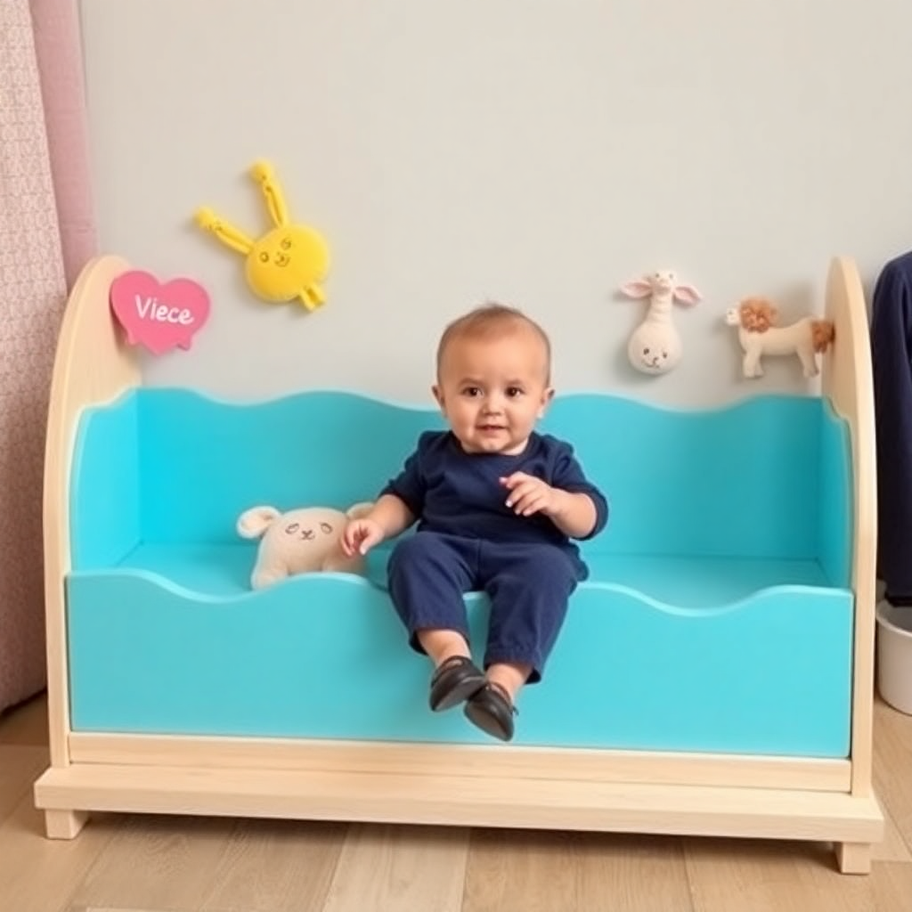 Bebeklerin güvenli bir alanda eğitici oyuncaklar ile oynadığı bir görüntü