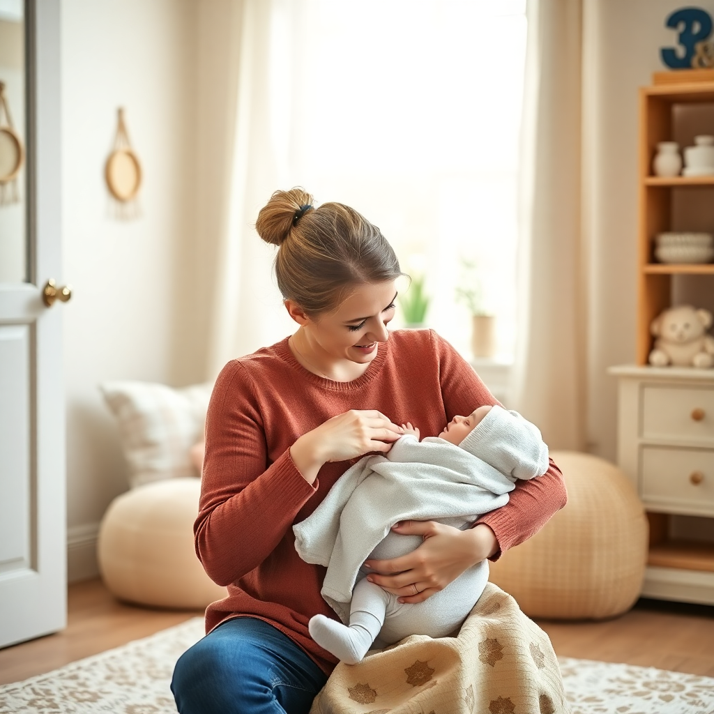 Anne, bebeğini emzirirken bir oturma odasında.
