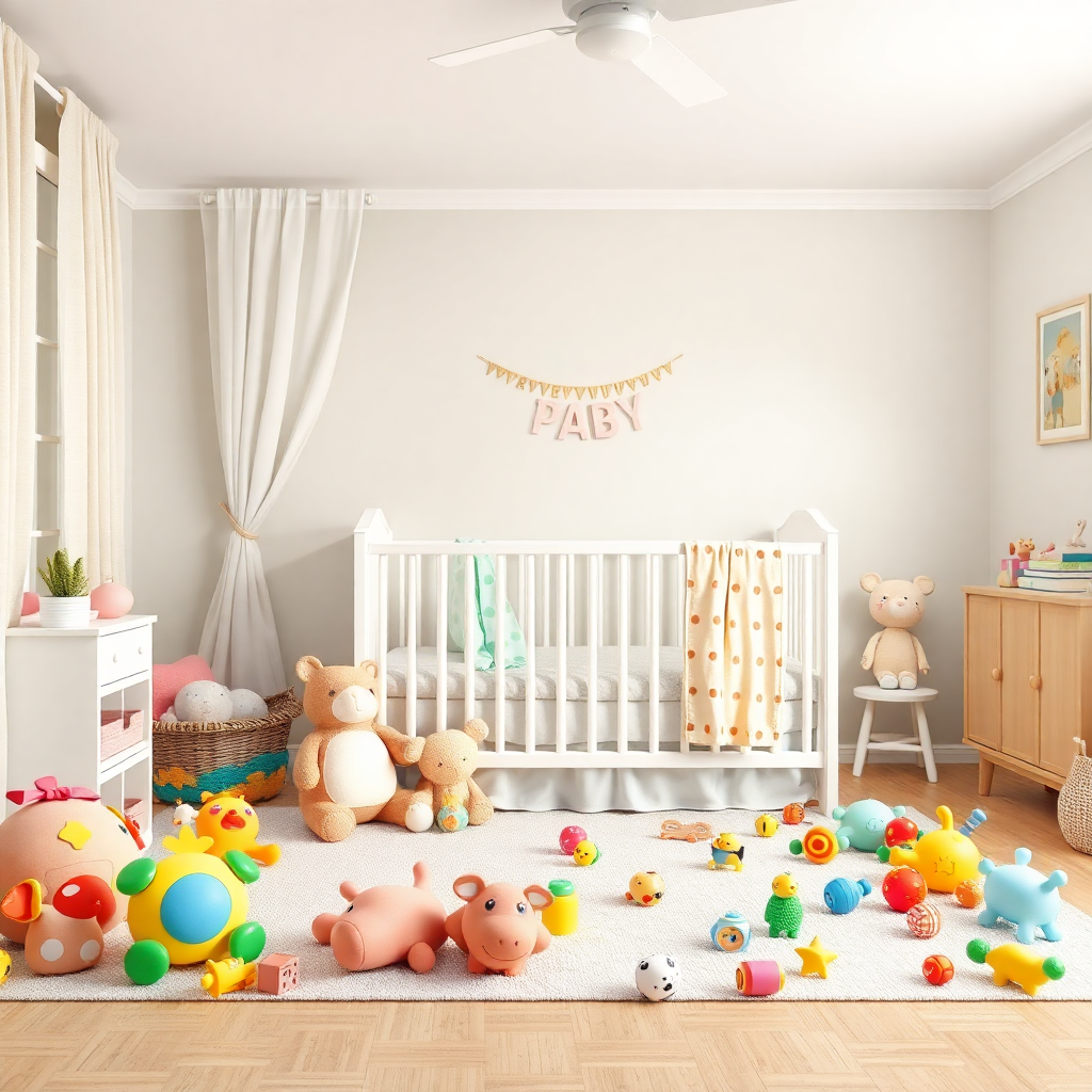 Renkli bebek oyuncakları ile dolu bir bebek odası