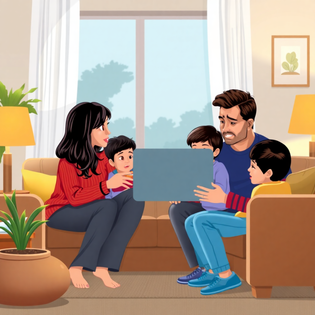 Aile bireylerinin internet güvenliği hakkında konuştuğu bir oturma odası