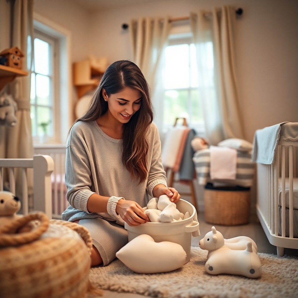 Yeni bir annenin bebek eşyalarını düzenlediği sıcak bir bebek odası