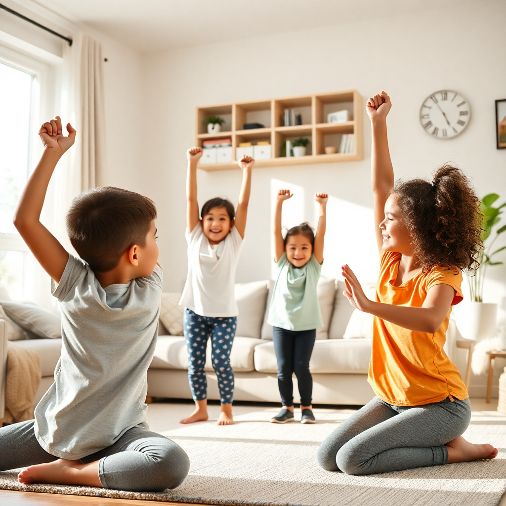 Aile bireylerinin evde birlikte egzersiz yaptığı bir görüntü