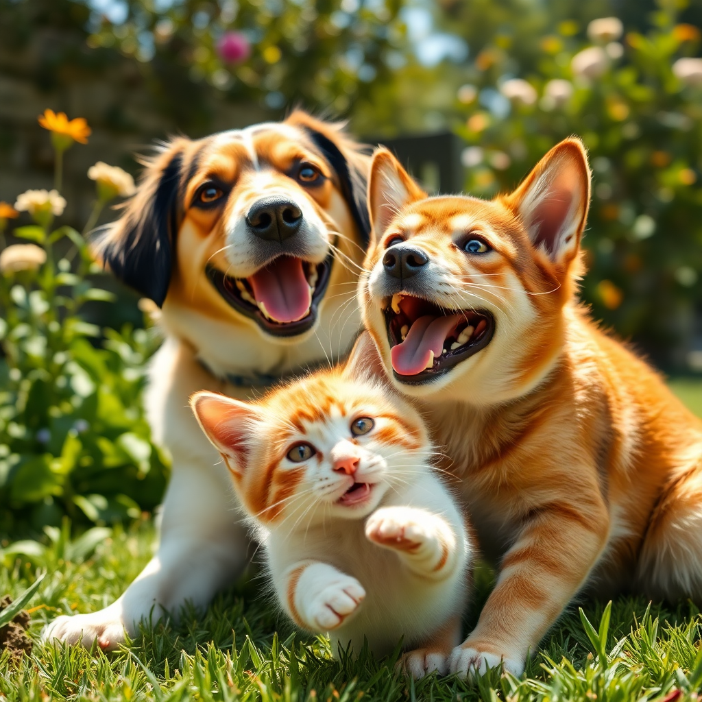 Evde mutlu bir köpek ve kedi bahçede oyun oynuyor.