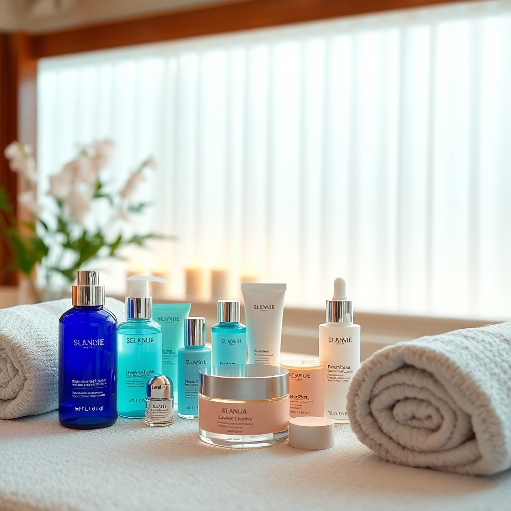 Cilt bakım ürünlerinin bulunduğu huzurlu bir spa ortamı