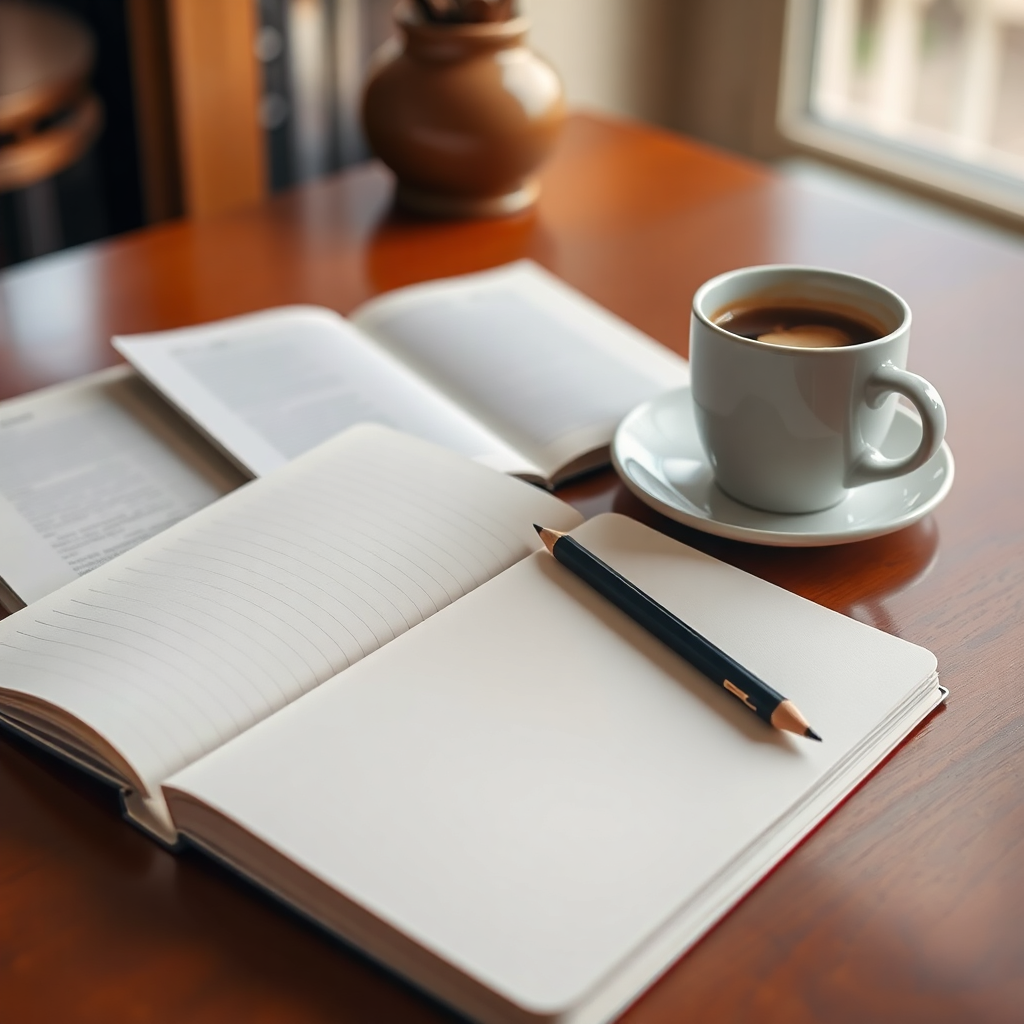 Sakin bir çalışma alanında defter, kalem ve kahve fincanı.