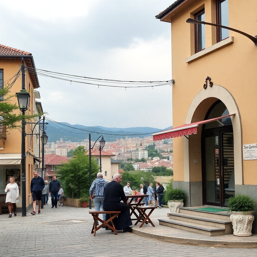 Şehirde insanlarla dolu sokak ve gün batımı