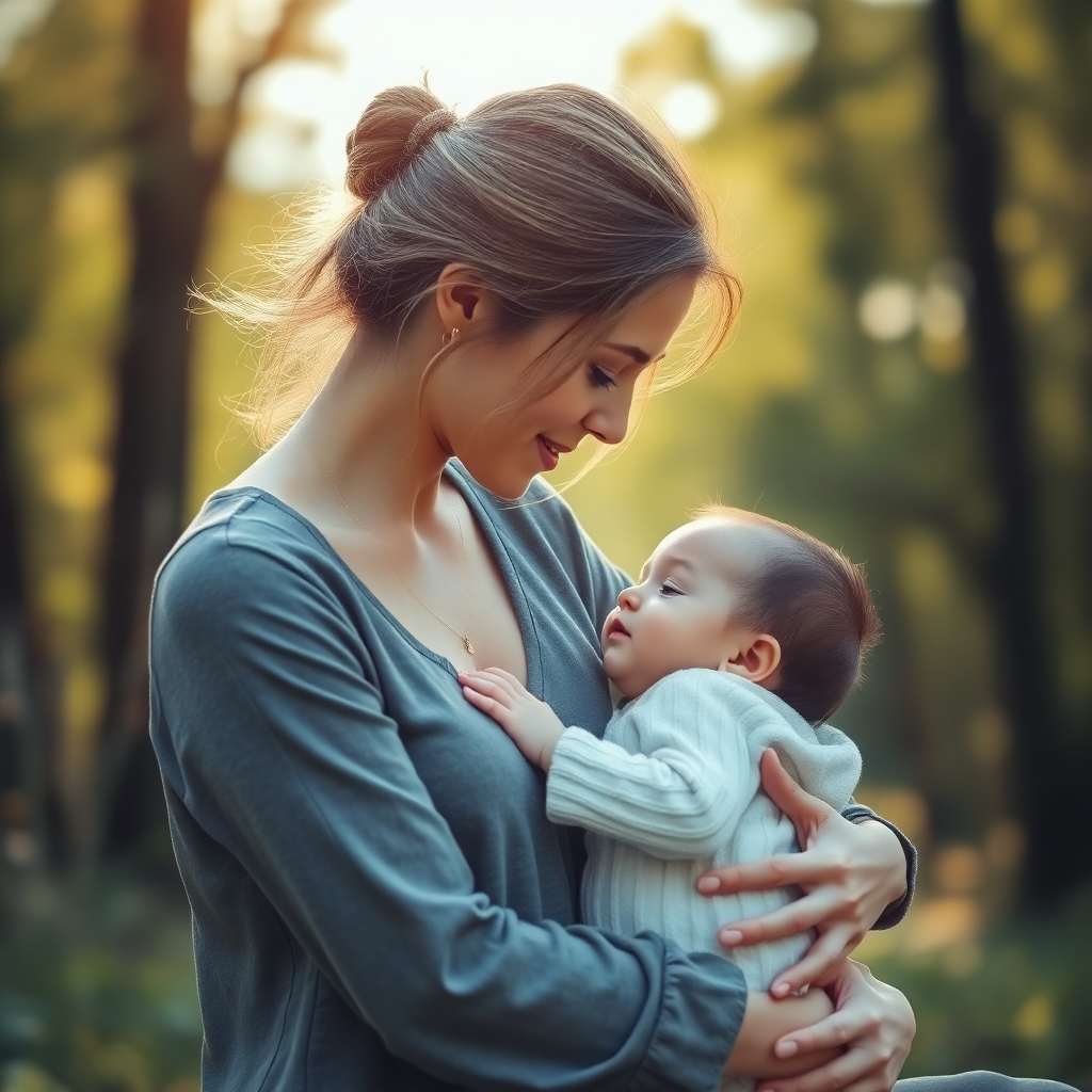 Anne ve bebek doğada huzurlu bir an yaşıyor.