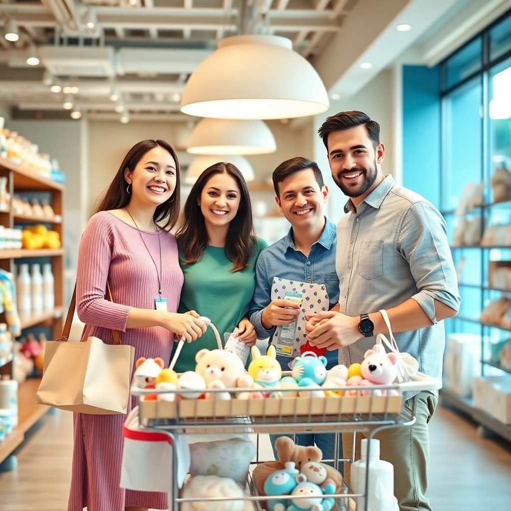 Bebek ürünleri alışverişi yapan bir aile