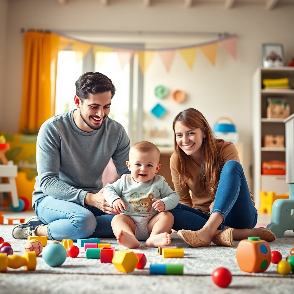 Aile, bebekleriyle oynamakta ve neşeli bir ortamda gelişim sürecini desteklemekte.