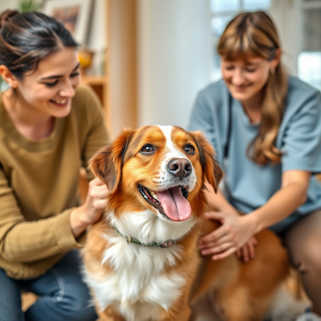 Evde evcil hayvan bakımı yapan bir sahibi ve mutlu bir köpek