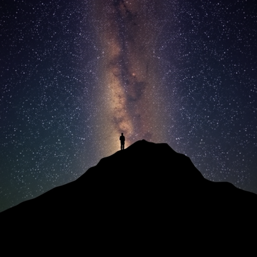 Yıldızlarla dolu bir gece gökyüzü ve tepe üzerinde teleskop