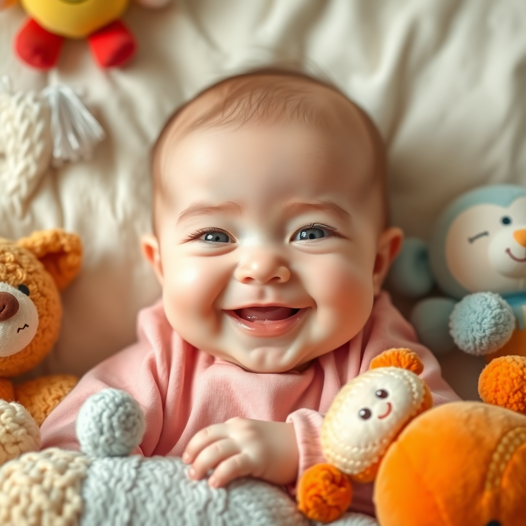 Gülümseyen bir bebek, yumuşak oyuncaklarla çevrili.