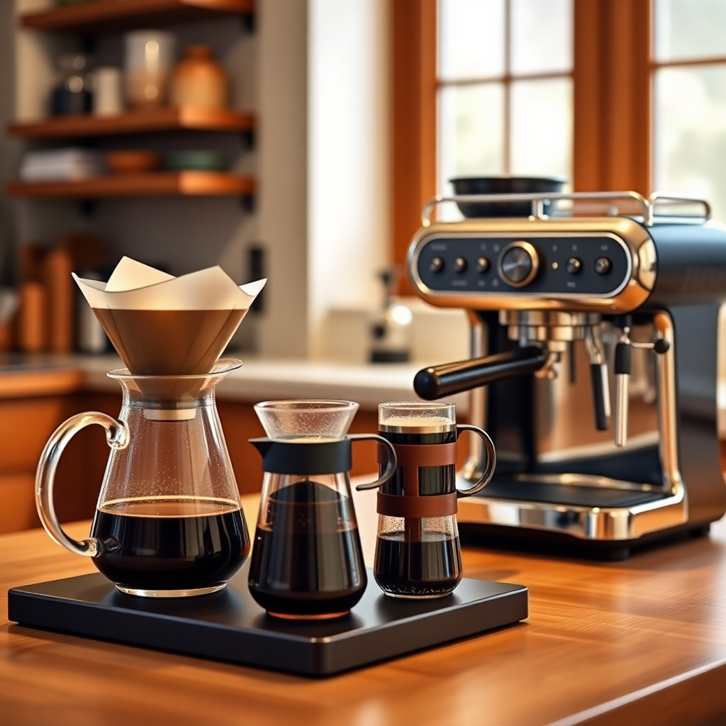Kafe ortamında farklı kahve demleme ekipmanları