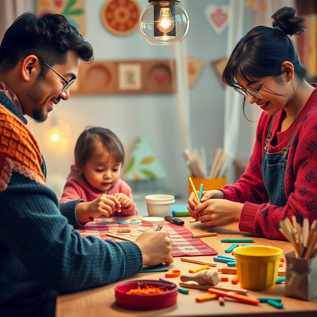 Aile bireylerinin el işi yaptığı bir masa