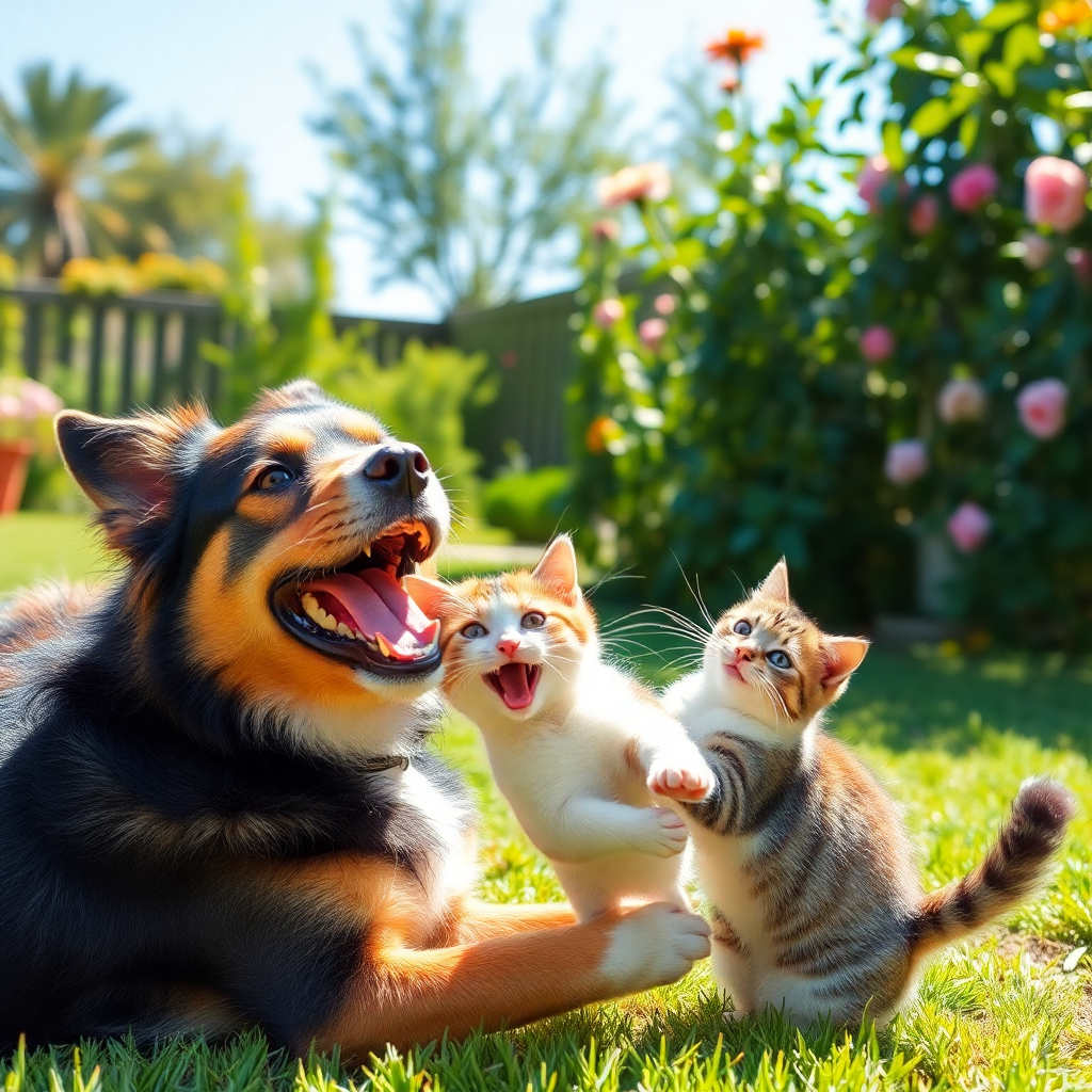 Evcil hayvanlar: bahçede oynayan mutlu bir köpek ve kedi.