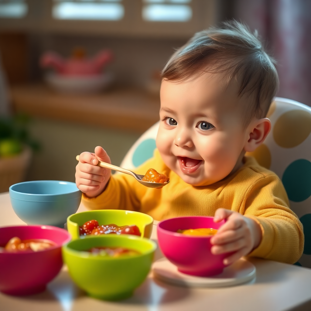 Bebek beslenmesi sahnesi, renkli bebek yemekleri ve mutlu bir bebeği içeriyor.