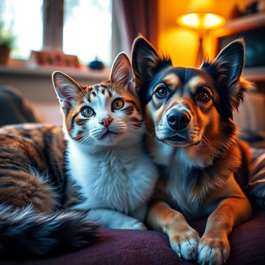 Kedi ve köpek bir arada, rahat bir ev ortamında.