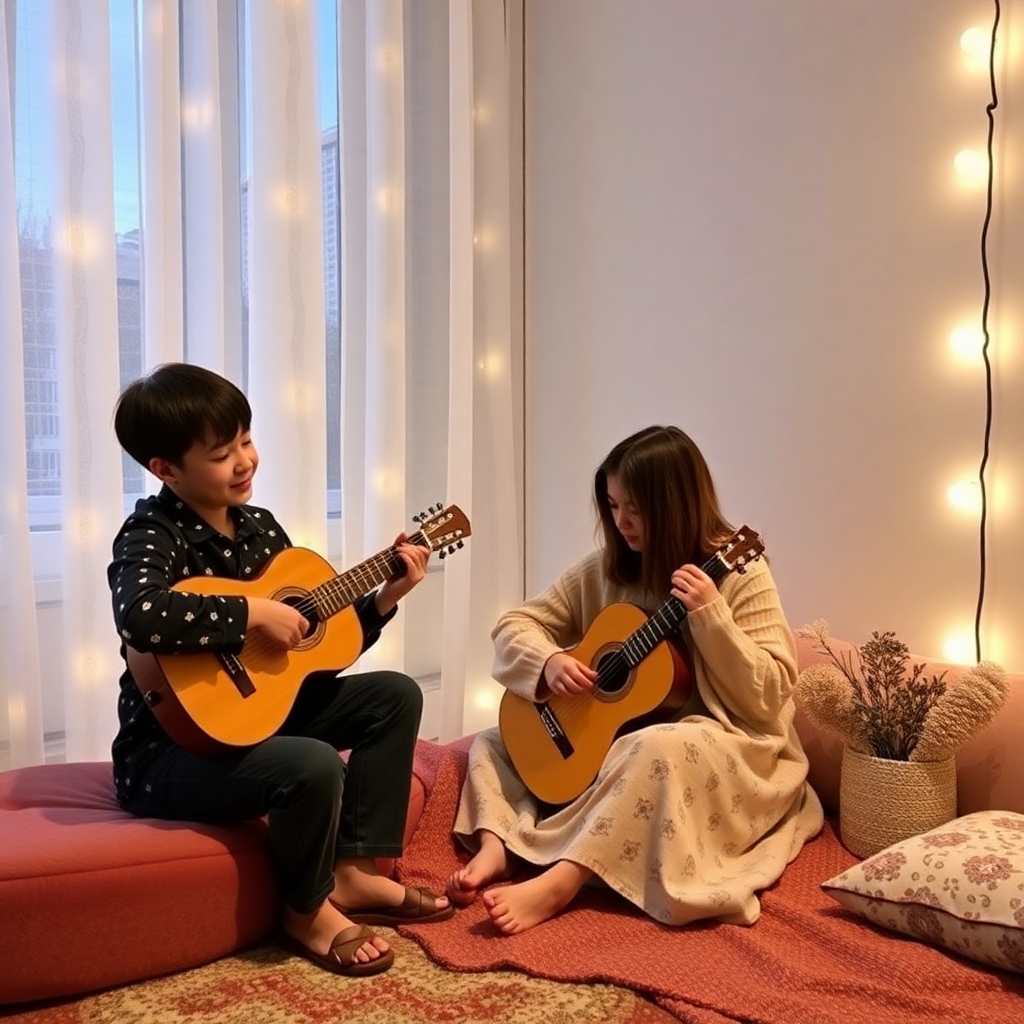 Çocukların birlikte müzik aleti öğrendiği eğlenceli bir ortam