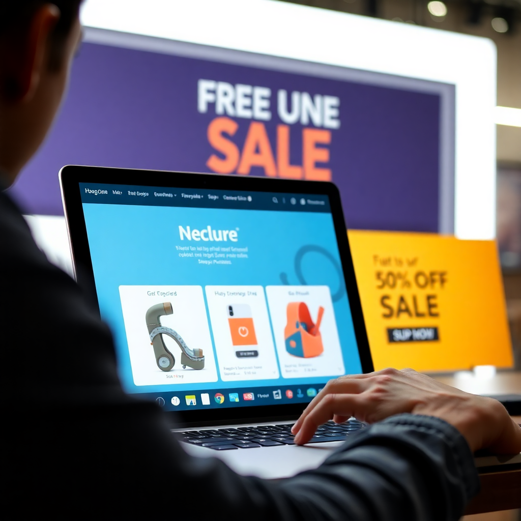 Online alışveriş yapan bir kişi, bilgisayarında indirim bannerları ile çevrili.