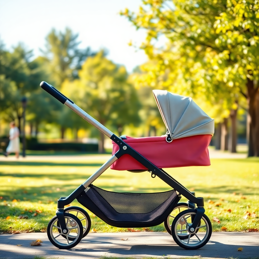 Pratik bir bebek arabası ile güneşli bir park
