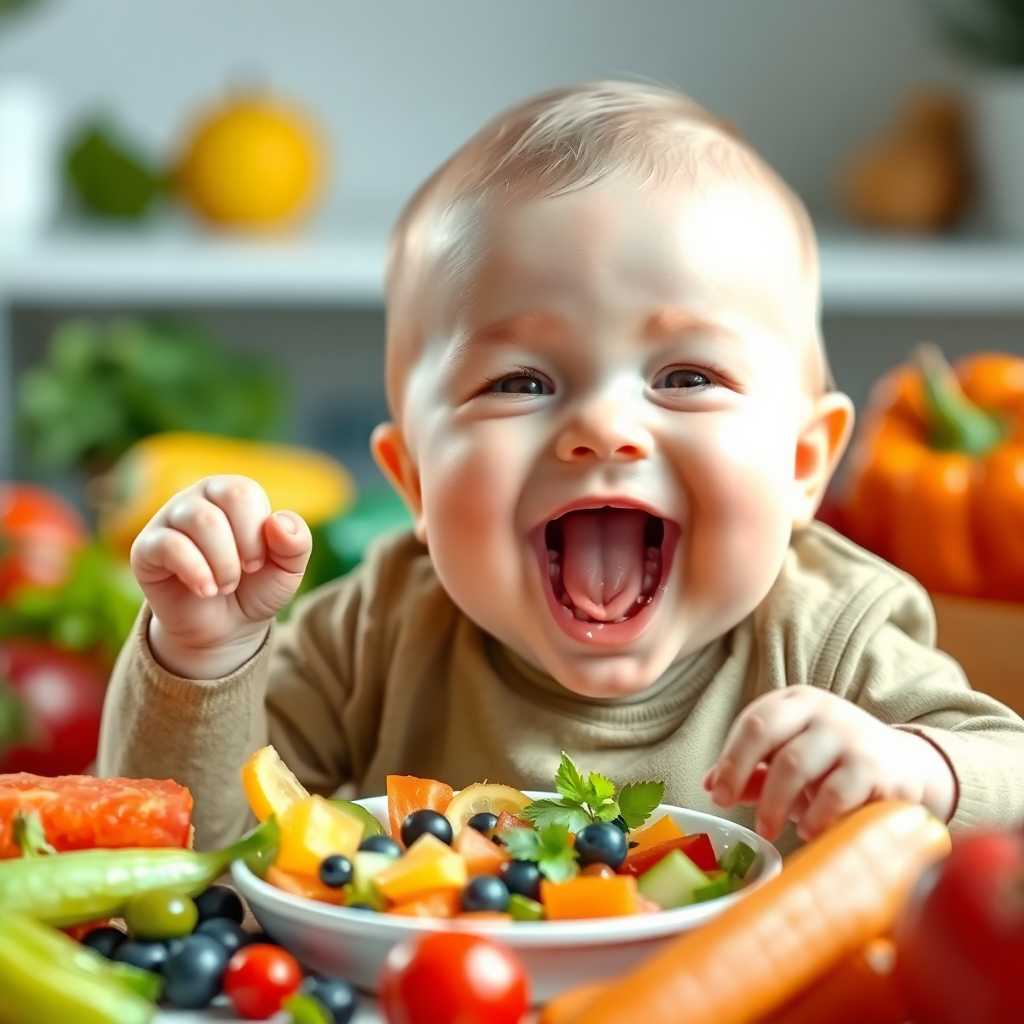 Bebek sağlıklı bir yemek yerken, etrafında renkli meyve ve sebzeler.