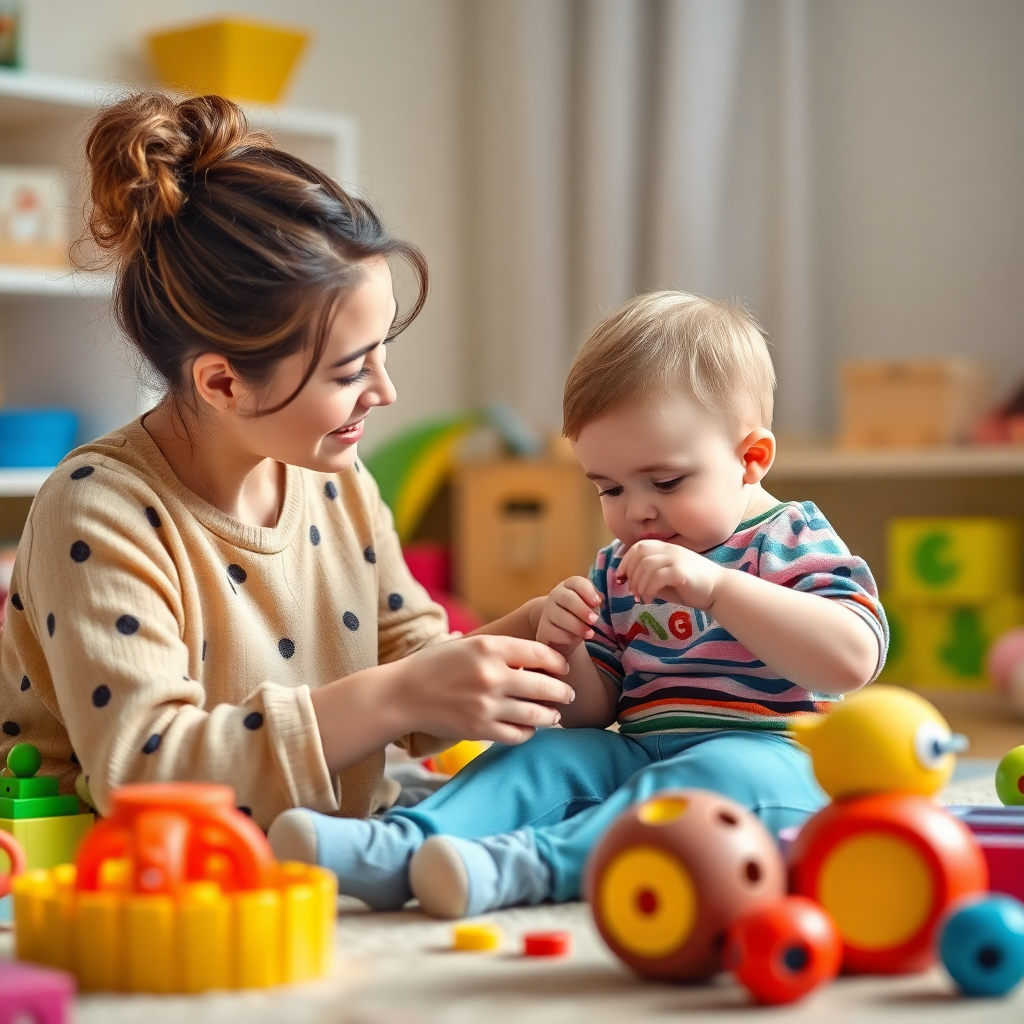 Bebeği ile oynayan anne, oyun aktiviteleri aracılığıyla bağ kuruyor.