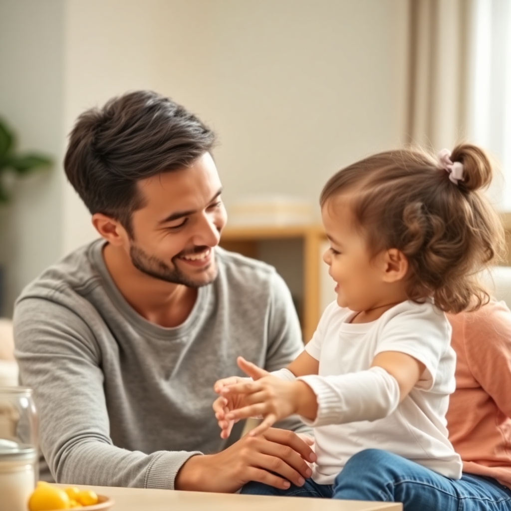 Çocuk ve ebeveynin birlikte oyun oynadığı sıcak bir aile sahnesi.