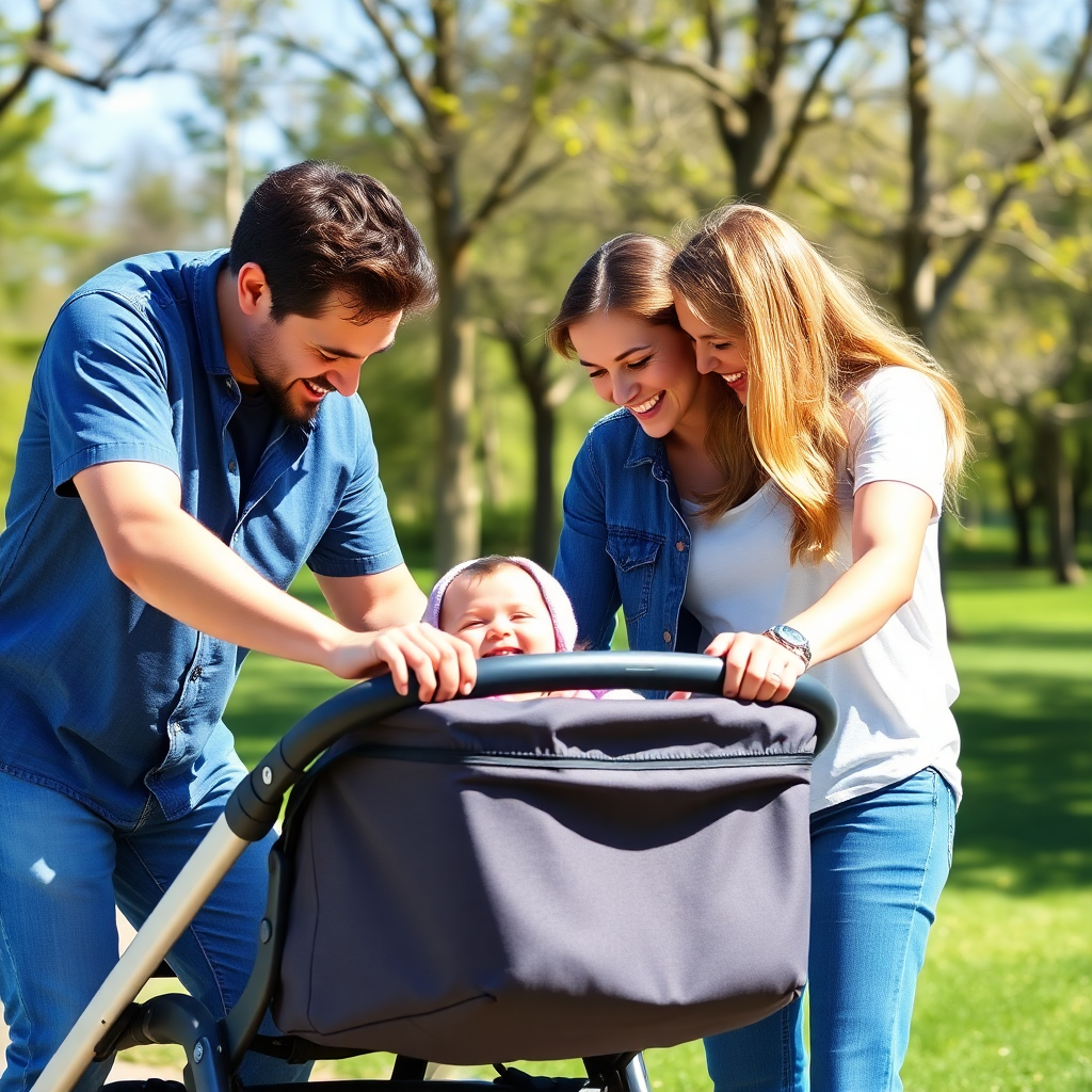 Aile, parkta bebek arabası kullanırken