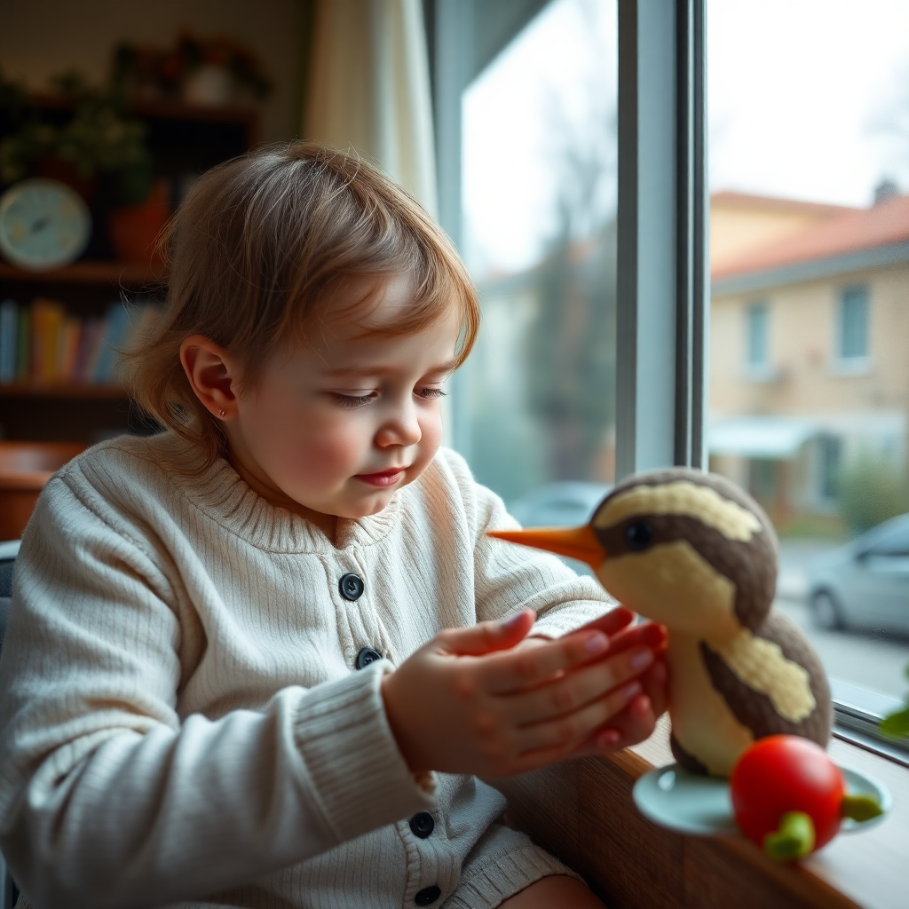 Bebek beslenmesi sahnesi, renkli bebek yemekleri ve mutlu bir bebeği içeriyor.