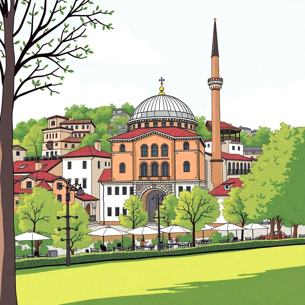 Şehir manzarası ve yerel kültürü yansıtan bir görüntü
