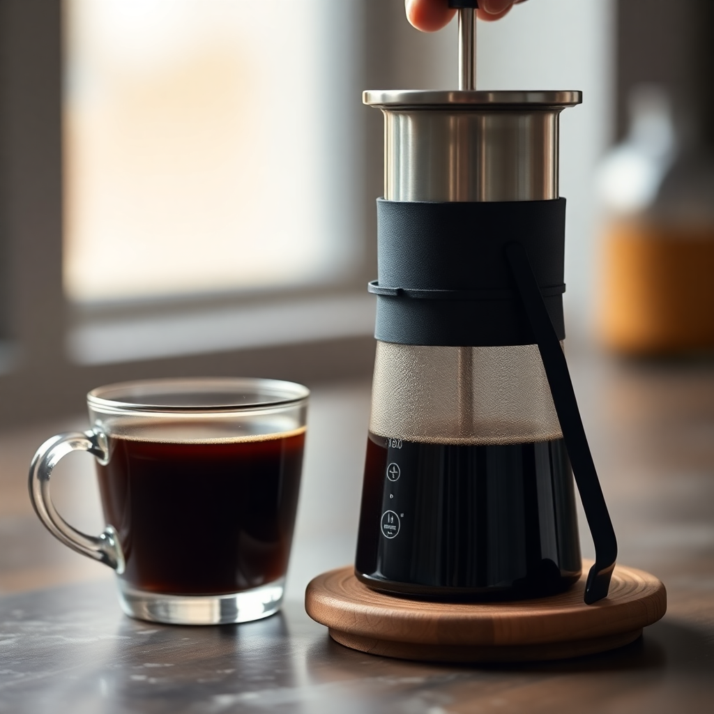 Aeropress ile kahve demleme yaparken bir fincan kahve