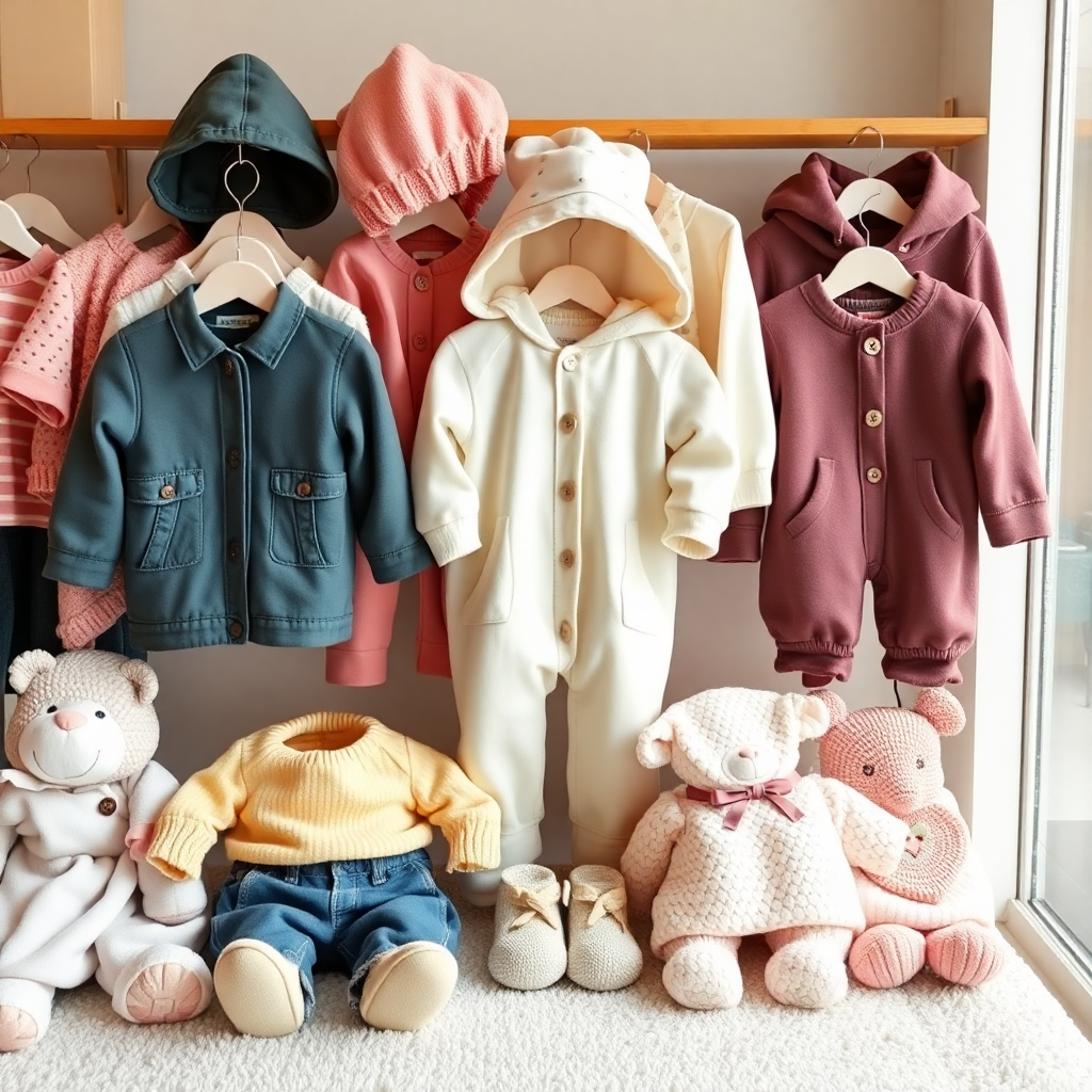 Bebek giysileri sergisi, çeşitli yumuşak ve renkli kıyafetler