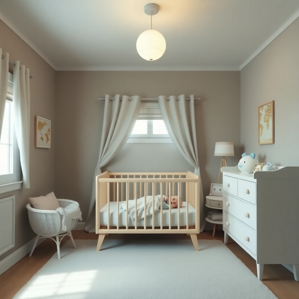 Rahat bir bebek odası ve uykuya dalmış bebek.