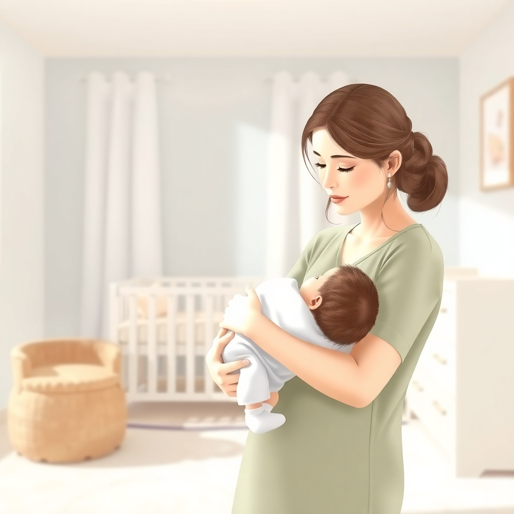 Yeni anne ve bebeği huzurlu bir şekilde kucağında.