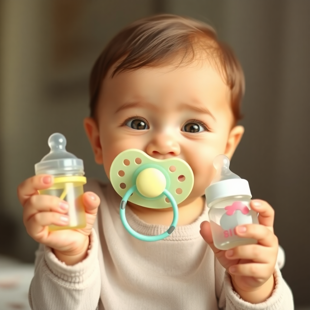 Biberon ve emzik tutan sevimli bir bebek.