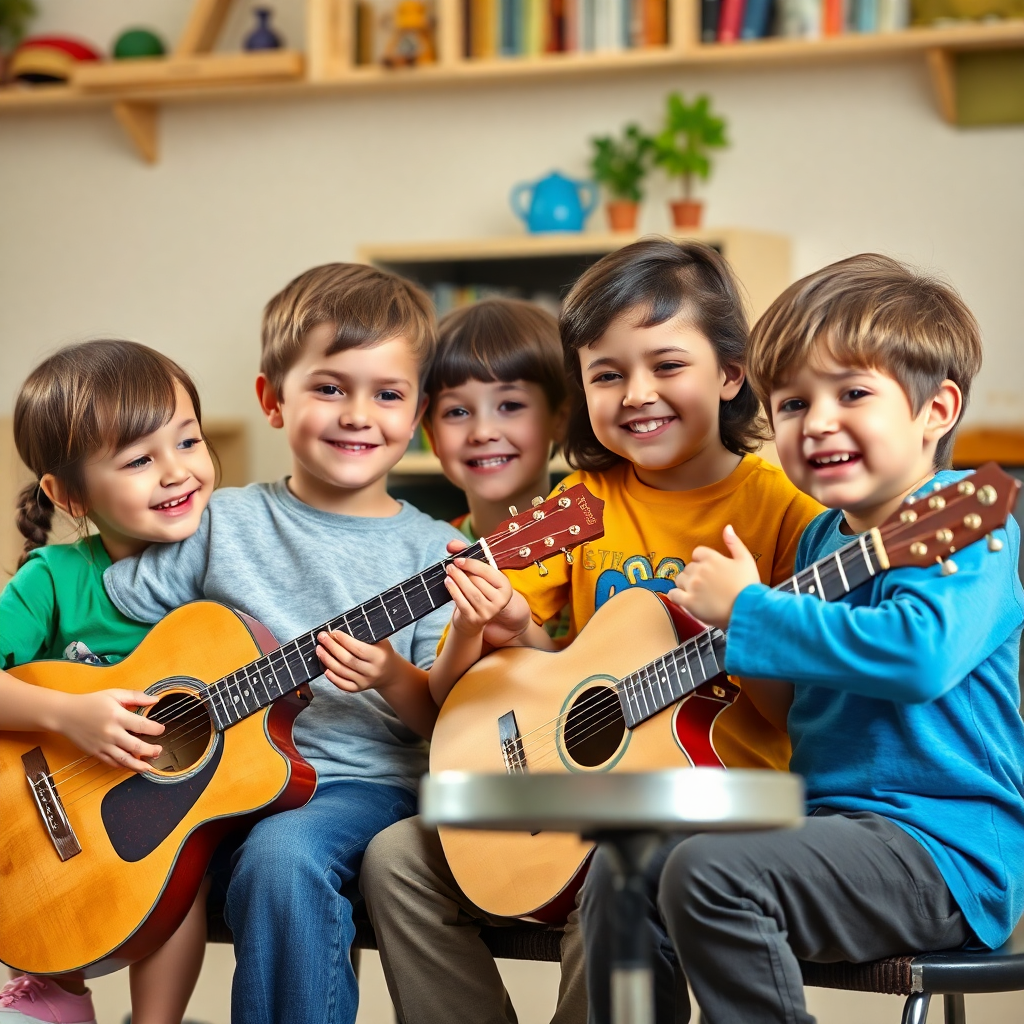 Çocukların birlikte müzik aleti öğrendiği eğlenceli bir ortam