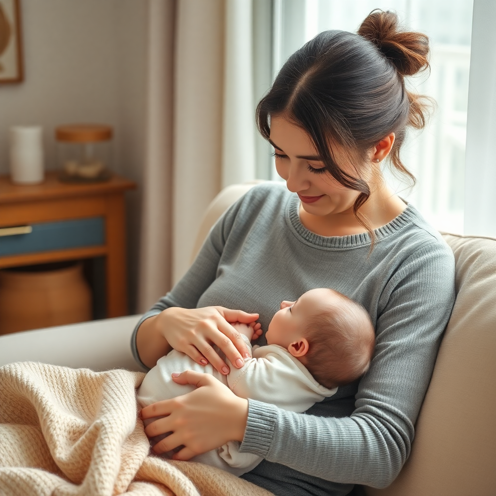 Anne ve bebeği emzirme sürecinde huzurlu bir an.
