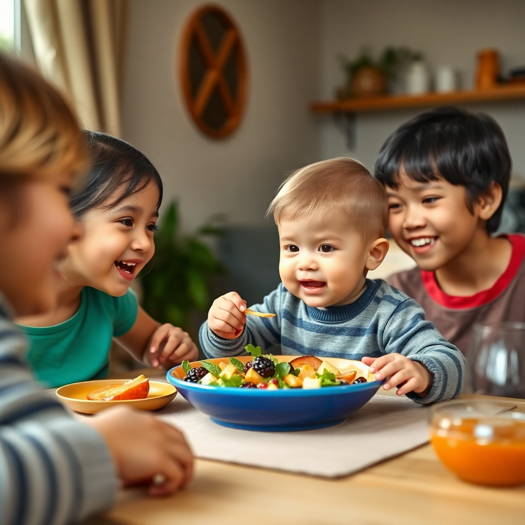 Bebeğin sağlıklı yemek yediği sevimli bir yemek masası