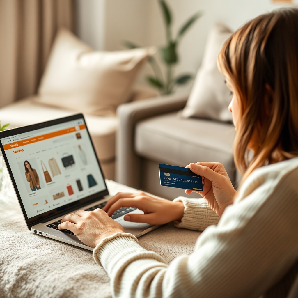 Online alışveriş yapan bir kişinin laptopu ve kredi kartı ile alışveriş yapması.